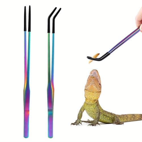 2PCS Reptile Feeding Tongs with Rubber Tips, Straight & Curved Tweezers, Safe Aquarium Lizard Snake Turtle Feeding Tool