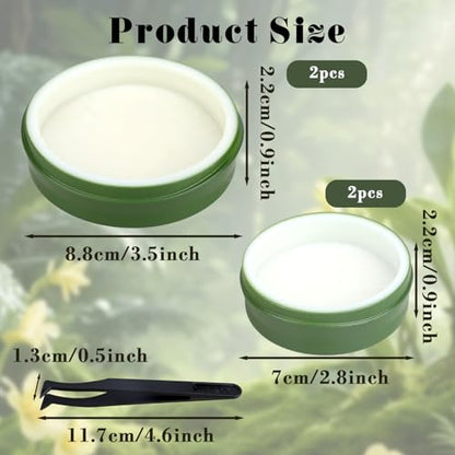4 Pack Snail Water and Food Bowl with Tweezers, Shallow Feeder Dish for Terrarium Kit, 0.4-0.8 Inch Depth Enclosure Accessories for Hermit Crab and Reptiles