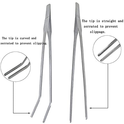 2 Pcs Feeding Tongs, Aquarium Tweezers Stainless Steel Straight and Curved Tweezers Set 27cm/10.6 inches Aquascaping Tools for Hold Worms, Reptiles, Lizards, Bearded Dragon (Silver)
