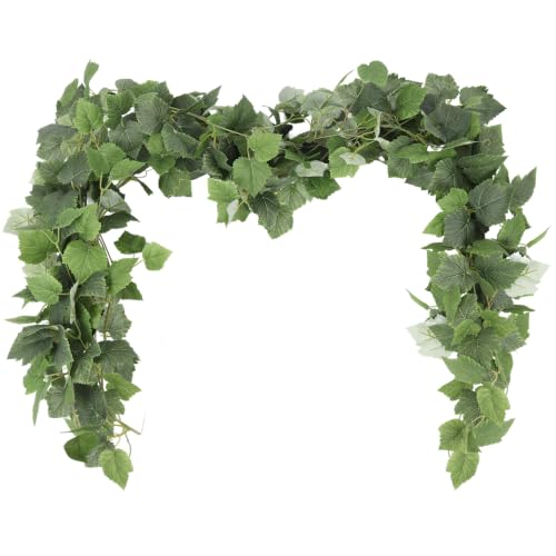 RECUTMS 3Pcs Artificial Grape Leaves Vine 5.9FT Fake Green Leaves Ivy Garland Faux Hanging Foliage Greenery Rattan for Spring Summer Home Garden Office Wedding Party Jungle Indoor Outdoor Decor - color: Green-grape Leaves3pcs