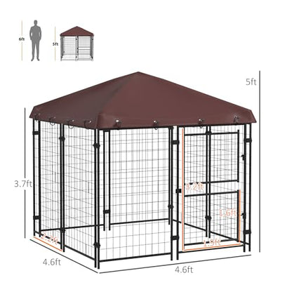PawHut 4.6' x 4.6' x 5' Dog Kennel Outdoor with Waterproof Cover, Dog Playpen for Small and Medium-Sized Breeds, Chickens, Ducks, with Two Part Door Design, Brown