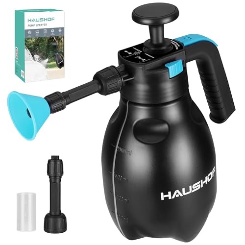 HAUSHOF Hand Pump Sprayer 1/2 Gallon, Pressure Garden Spray Bottle for Plants, Weeds, Flowers, Foam Sprayer Car Detailing with 2 Adjustable Nozzles, Lawn Watering & Outdoor Cleaning, 2L