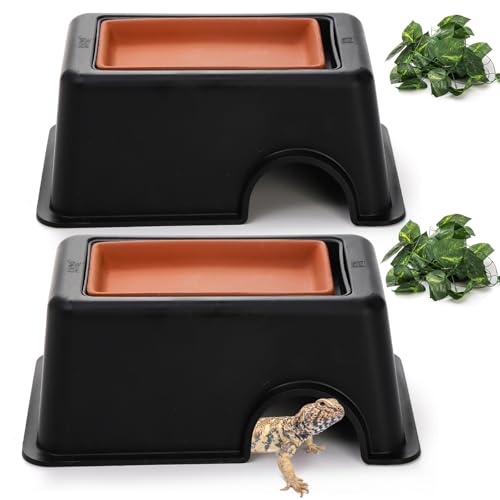 2 Pack Reptile Hide Box, Small Animal Hideout Plastic Hide Cave with Sink Humidifier, Pet Habitat Decor Hideaway Hut with Flexible Leaves for Lizard Gecko Snake Leopard Spider Turtle Amphibian