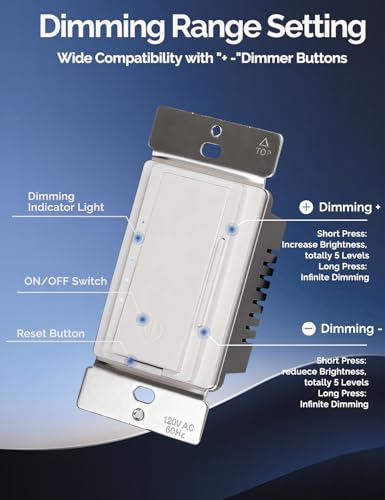 MOES Digital Dimmer Light Switch, 3 Way & Single Pole Dimmable Switches for LED,CFL,Incandescent,Halogen, 600Watt Max, No Neutral Wire Required, ON/Off Switch with Dimming Buttons - size: 1 Pack