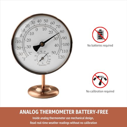 4-Inch Indoor Thermometer and Humidity Gauge, Room Analog Temperature and Humidity Monitor, Dual Scale Display, Brass Dial with Stand, Battery-Free for House, Home, Desk, Bedroom, Garage, RV