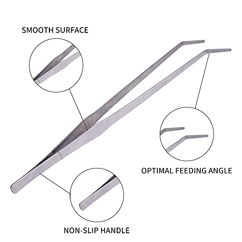 Extra Long Handle Aquarium Tweezers Serving Tongs Feed clamp,2 Pack Stainless Steel Straight and Curved Tweezers Set for Fish Tank Plants Reptile Feeding Tongs（15 Inchs）