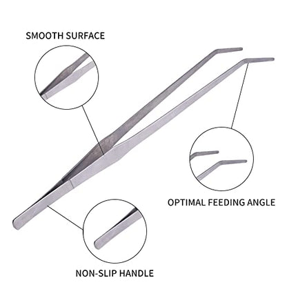 Extra Long Handle Aquarium Tweezers Serving Tongs Feed clamp,2 Pack Stainless Steel Straight and Curved Tweezers Set for Fish Tank Plants Reptile Feeding Tongs（15 Inchs）