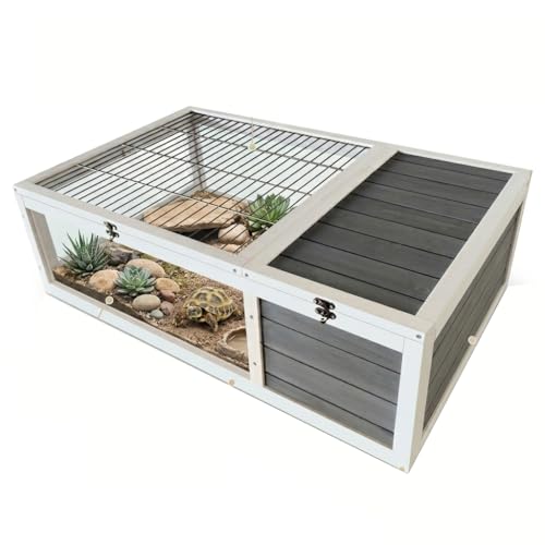 39.5" Wood Tortoise House Indoor Outdoor Turtle Habitat - XL Small Animal Hutch with 3 Acrylic Windows, Waterproof Pull-Out Tray & Sleeping Area for Lizards, Geckos, Snakes, Grey