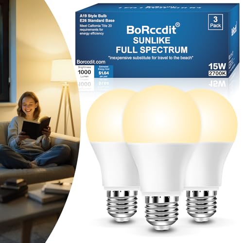 BoRccidt SunLike Full Spectrum Light Bulb 2700K Warm LED 15W=100W, Flicker-Free & UV-Free, 90+CRI & 30000H Lifespan, 3-Pack A19 E26/E27 Soft White Sunlight Light Bulbs for Humans, Home, Office, Plant - color: 2700k Warm White, size: 3 Packs