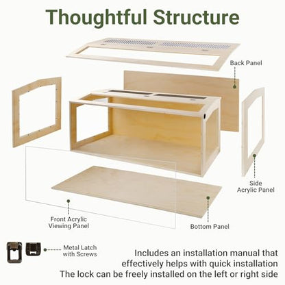 80 Gallon Bearded Dragon Tank with Locking Doors 48x20x20 Inch Reptile Enclosure Anti-Scratch Acrylic Front Metal Mesh Top Oak Wood Terrarium for Bearded Dragons Snakes Iguanas Chameleons