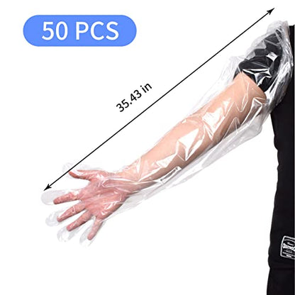 Anxingo 50Pcs Disposable Plastic Veterinary Insemination Rectal Long Arm Gloves for Field Dressing Gutting 35 inch Length - color: Transparent