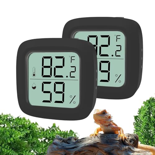 Black 2-Pack Reptile Thermometer and Hygrometer – Digital LCD Temp & Humidity Gauge for Bearded Dragon, Corn Snake, Hermit Crab, Iguana, Axolotl, Vivarium & Terrarium Setup - color: Black - 2 Pack