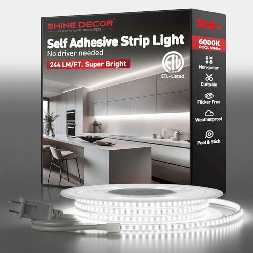 Shine Decor LED Strip Light Super Bright 8000LM, Plug&Play 120V Driverless Easy Wiring, Flicker Free Weatherproof for Outdoor Indoor, Min. 3.9” Cuttable Stickable, 6000K Cool White 32FT ETL Listed - color: Cold White, size: 32.8 Ft