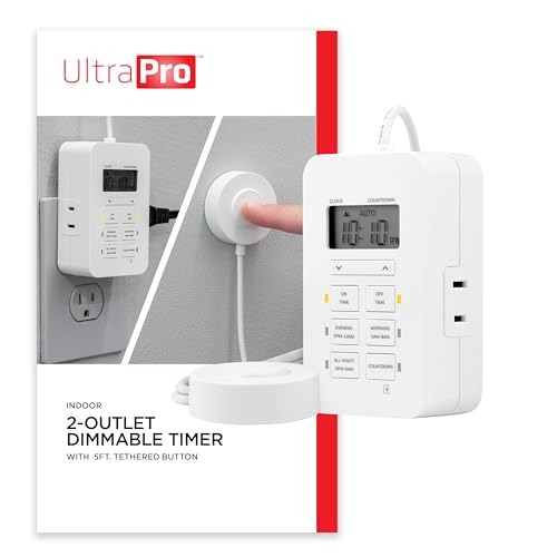 UltraPro Dimmable Digital Outlet Timer with dual polarized sockets, 5ft tether, indoor use, programmable scheduling, countdown function, lamp control, plug-in design, white, single pack, model 50016 - size: 1 Pack