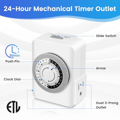 Outlet Timer,Timers for Electrical Outlets Indoor with 3-Prong Dual Outlet,24-Hour 30 Minute Daily On/Off Cycle, Plug-in Mechanical Timers for Christmas Lights, Lamps, Grow Light (3-Pack) - style: 3-Prong(3 PACK)