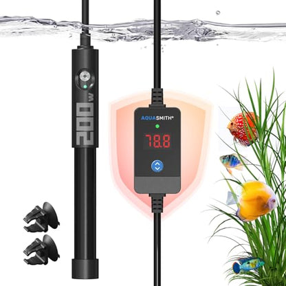 AQUASMITH Aquarium Heater,50w/100w/150w/200w/300w/500w Submersible Fish Tank Heater,External LED Controller, with Over-Temperature Protection and Automatic Power-Off When Leaving Water for. - size: 200W
