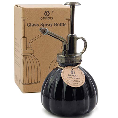 OFFIDIX Plant Mister Flower Watering Can, 6.3" Tall Vintage Pumpkin Style Black Color Glass Spray Bottle & Bronze Plastic Top Pump Ideal for Watering Small Plants Inside Home or Office - color: E-Black