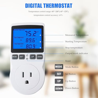 Programmable Plug-in Thermostat Outlet - Digital Temperature Controller with Cycle Timer, 110V 15A, Widely Used for Terrarium, for Refrigerator, for Vivarium, New Version