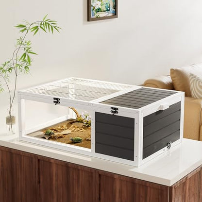 39.5" Wooden Tortoise House Indoor Turtle Habitat with 2 Removable Waterproof Trays & Acrylic Observation Windows, Reptile Cage for Lizards, Geckos & Small Pets