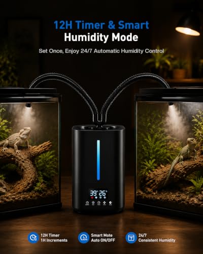 1.32 Gal / 5L Reptile Fogger Humidifier, with Remote & Timer, with Precise Humidity Control, Terrarium Humidifier Suitable for indoor Plants, Grow Tent, Greenhouse, Reptiles & Amphibians (Dual Hose)