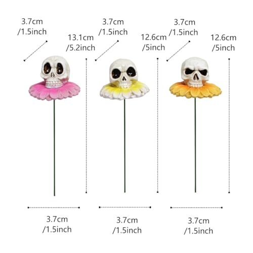 Resin Daisy Flower Skull Head Statue Plant Stakes Set of 3, Skull Garden Plant Accessories, Decorative Plant Picks, Indoor Outdoor Halloween Planter Pot Decorations Bonsai Crafts