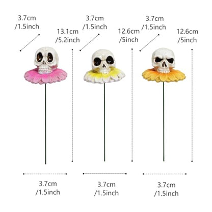 Resin Daisy Flower Skull Head Statue Plant Stakes Set of 3, Skull Garden Plant Accessories, Decorative Plant Picks, Indoor Outdoor Halloween Planter Pot Decorations Bonsai Crafts