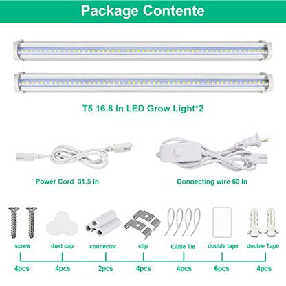 T5 Grow Lights 5000K Full Spectrum,1.4FT (2pcs x 10 Watts) Plant Growing Lamp,End-to-End Connectable Led Light Strips for Indoor Plants Succulents Flowers Growing