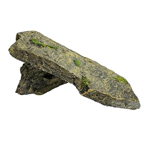 Resin Hideout Cave, 10.6 in / 27 cm, a Reptile Basking Platform with Gentle Slope and Flat Top, Safe and Long-Lasting Aquarium Ornament Rock for Small Reptiles, Natural Slate Design