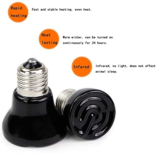 2-Packs 50W Black Ceramic Heat Lamp Mini Reptile Heat Lamp Bulbs E26/E27 Infrared Reptile Heat Emitter Heater Lamp Bulb No Light Lamps for Lizard Brooder Coop Aquarium Habitat Lizard Turtle