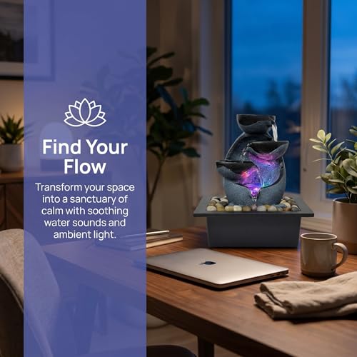 Tabletop Water Fountain with LED Lights, Indoor Resin Waterfall Fountain for Desk Office Home Decor, Zen Meditation Relaxation Feature with ON/Off Switch and Pebbles - size: A