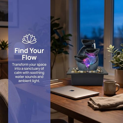 Tabletop Water Fountain with LED Lights, Indoor Resin Waterfall Fountain for Desk Office Home Decor, Zen Meditation Relaxation Feature with ON/Off Switch and Pebbles - size: A