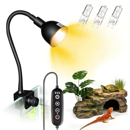 COOSPIDER 50W Reptile Heat Lamp with Clamp & Timer, Small Turtle Basking Light Fixture 360° Rotatable Hose with 2 Spare G9 Base Bulbs for Plants Small Reptiles Bearded Dragon Lizard Snake