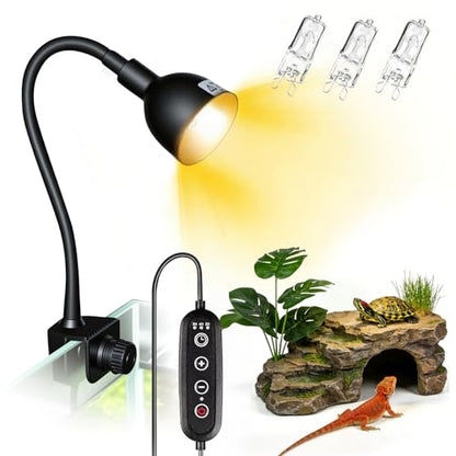 COOSPIDER 50W Reptile Heat Lamp with Clamp & Timer, Small Turtle Basking Light Fixture 360° Rotatable Hose with 2 Spare G9 Base Bulbs for Plants Small Reptiles Bearded Dragon Lizard Snake