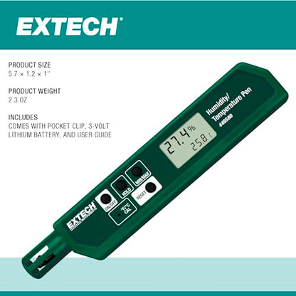 Extech 445580 Humidity and Temperature Pen with Fast Response Sensor, Min/Max Memory, Dual LCD, Pocket-Sized Hygrometer for HVAC, Labs, Storage Rooms, Indoor Air Monitoring