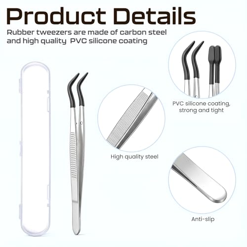 Trinkrittey 3 Pcs Tweezers with Rubber Tips Silicone Bent Flat Tip Tweezers Precision Sticker Craft Tweezer for Stamps Sticker Crafts Jewelry Beads (Black)