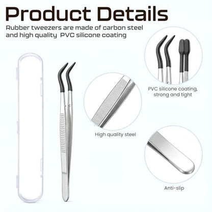 Trinkrittey 3 Pcs Tweezers with Rubber Tips Silicone Bent Flat Tip Tweezers Precision Sticker Craft Tweezer for Stamps Sticker Crafts Jewelry Beads (Black)