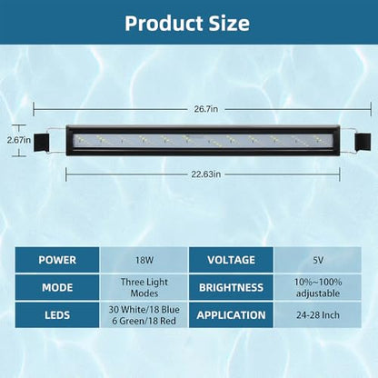 DaToo LED Aquarium Light Full Spectrum Fish Tank Light with Dimmer White Blue Red Green LEDs Fish Tank Light with Three Lighting Modes and Extendable Bracket for 24 Inch to 28 Inch Aquarium - size: 24~28 Inch