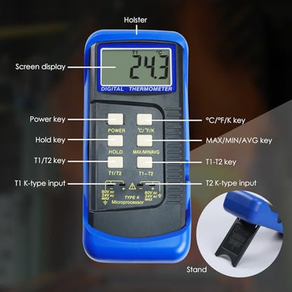 Thermocouple Thermometer Digital K Type Dual Channel Thermometer HVAC Temperature Meter with 4 Thermocouples, MAX/MIN/AVG Temperature Measurement, -50~1300°C (-58~2372°F)