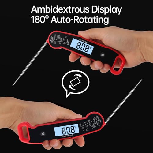 Lonicera Digital Meat Thermometer for Food Cooking. Instant Read Within 1 Sec and ±0.9℉Accuracy with Thermocouple Sensor. IP67 Waterproof, Auto-Rotating Display, Auto Wake up (Red) - color: RED