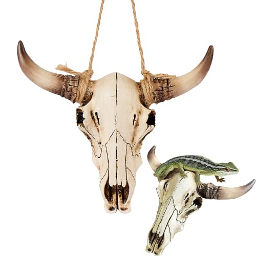 Halloween Cow Skull Wall Decor,Dearded Dragon Tank Decor Flooring Accessories, Mini Cow Skull with Horns, Cow Head Skull with Rope, Fish Tanks, Cars, Etc.(Black) - color: Black