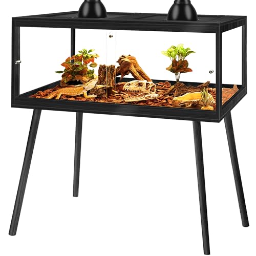 PROLEE Bearded Dragon Tank with Legs, 81 Gallon Tempered Glass Lizard Tank, Reptile Enclosure with Metal Mesh and Lockable Door, Reptile Tank for Snakes,Chameleon (Black, 48x19.5x19.5 Inch) - color: Black, size: 81Gallons,48inch