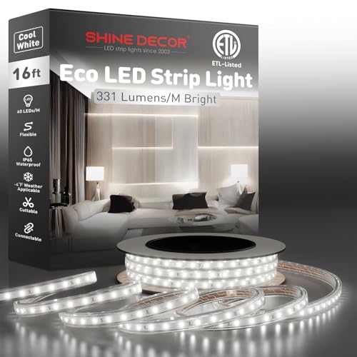 Shine Decor LED Strip Light Easy Connectable, 6000K Cool White Cold Resist Weatherproof Plug-in for Indoor Outdoor, 101 LM/FT Dimmable Bright Eco Rope Lighting 16.4FT, 120V Whole Set ETL Listed - color: Cool White, size: 16.4 Ft