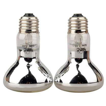 LUCKY HERP 50W Reptile Basking Spotlight (2-Pack, 2.5" R20 Size), Daylight Terrarium Heat Bulb for Bearded Dragon Lizard Tortoise