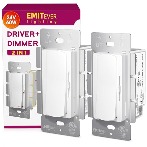 Dimmer Light Switch & 24V 60W Dimmable LED Driver 2 in 1, 2PK Single-Pole or 3-Way Slide Dimmer Switches for Led Strip Lights,120VAC to 24VDC Power Supply for Low Voltage Project, UL Listed - style: 2PK-Dimmer Switch-24V 60W LED Driver