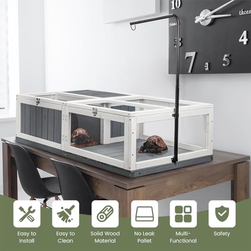Large Tortoise Habitat, Indoor & Outdoor Wooden Tortoise House with Adjustable Lamp Stand and Water-Resistant Tray, Reptile Cage Tortoises Enclosure for Small Animals, 43" L x 24" W x 13" H