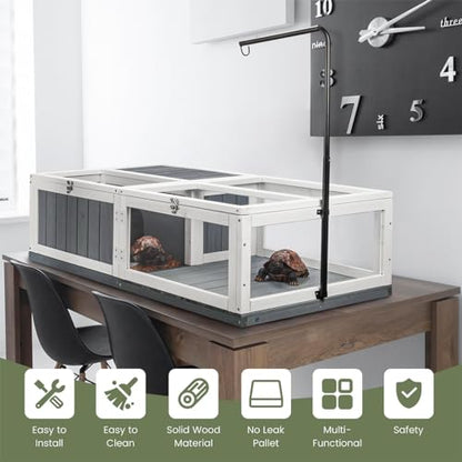 Large Tortoise Habitat, Indoor & Outdoor Wooden Tortoise House with Adjustable Lamp Stand and Water-Resistant Tray, Reptile Cage Tortoises Enclosure for Small Animals, 43" L x 24" W x 13" H
