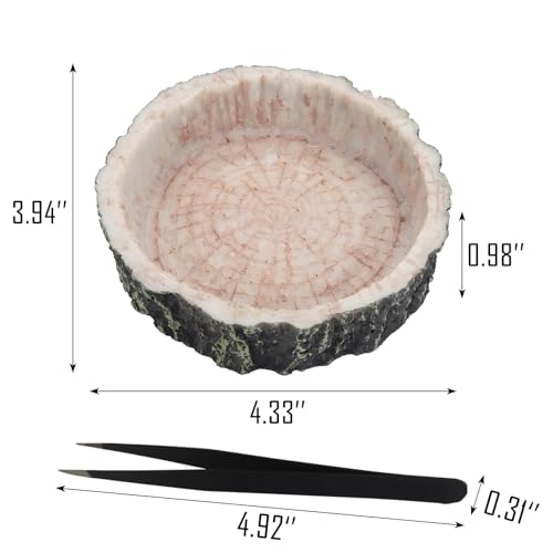 IBWell 2pcs Reptile Water Bowl with Feeding Tweezers - Reptile Food Dish for Lizard, Snake, Tortoise & Small Animals - Wooden Tree Stump