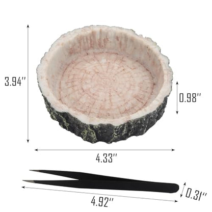 IBWell 2pcs Reptile Water Bowl with Feeding Tweezers - Reptile Food Dish for Lizard, Snake, Tortoise & Small Animals - Wooden Tree Stump
