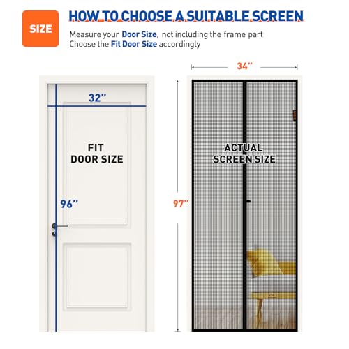MAGZO Magnetic Screen Door Fits Door Size 32" x 96", 34" x 97" Hands-Free Mesh with Strong Magnet & Windproof Fastener, Pet Friendly Screen for Standard Interior Entrance, Black - size: Fit Door Size 32 x 96 Inch