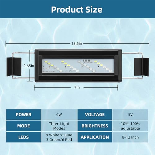 DaToo LED Aquarium Light Full Spectrum Fish Tank Light with Dimmer White Blue Red Green LEDs Fish Tank Light with Three Lighting Modes and Extendable Bracket for 8 Inch to 12 Inch Aquarium - size: 8~12 Inch